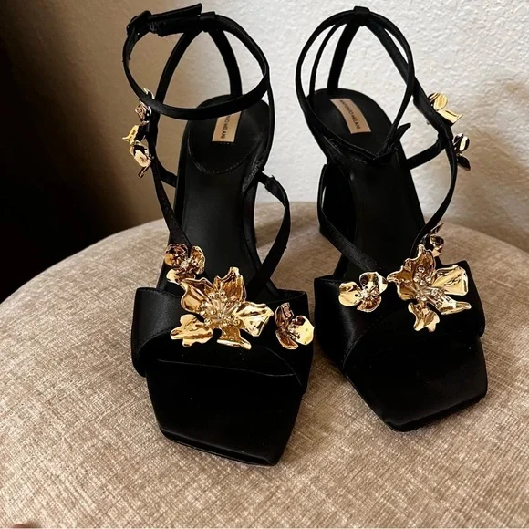 Antonio Melani Stain Black Gold Flower Dressy High Heel Sandals Shoes Evening 10 - Picture 4 of 12